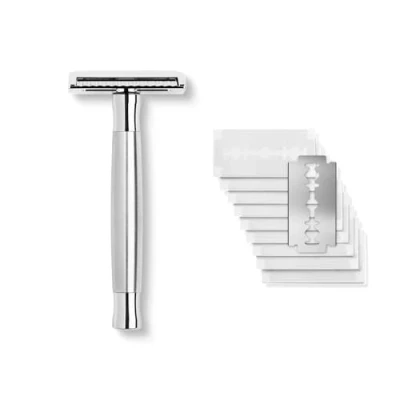 Abbildung von Störtebekker® Premium Rasierhobel Solingen mit Stahlgriff Silber Matt inkl. Rasurguide [+ 10 Störtebekker Klingen] Geschenkidee Nassrasierer Set Qualität Edelstahl Made in Germany