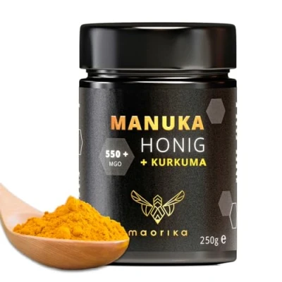 Abbildung von maorika Manuka Honig 550 MGO im Glas (lichtundurchlässig) laborgeprüft, zertifiziert aus Neuseeland (Manuka mit Kurkuma)