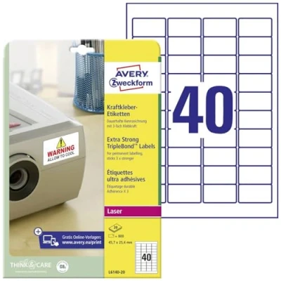 Abbildung von AVERY Zweckform L6140 20 Kraftkleber Etiketten (800 Aufkleber, 45,7x25,4mm auf A4, extrem stark selbstklebend, permanent haftend, bedruckbare Klebefolie für kritische Bedingungen) Blatt, weiß