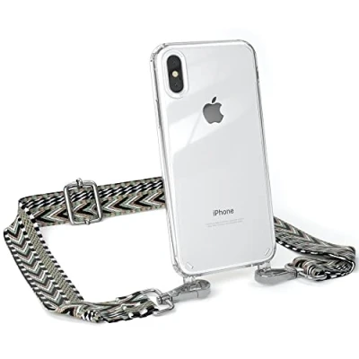 Abbildung von EAZY CASE Handykette Verstellbarer Trageriemen kompatibel mit iPhone X/XS, Handykordel Schutzhülle durchsichtig, Riemen für Handyketten, Grün/Schwarz Metall Silber