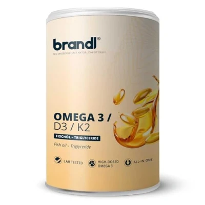 Abbildung von brandl® Omega 3 D3 K2 Kapseln mit Premium Fischöl EPA DHA hochdosiert 2:1 Verhältnis 120 St