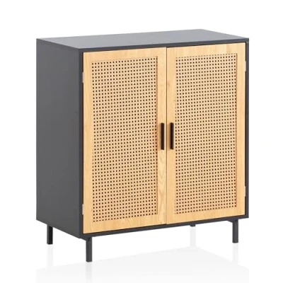 Abbildung von FINEBUY Sideboard FB100054 (80x86,5x40 cm Anrichte Schwarz, Standschrank), Kommode 2 Türen, Kommodenschrank Wiener Geflecht