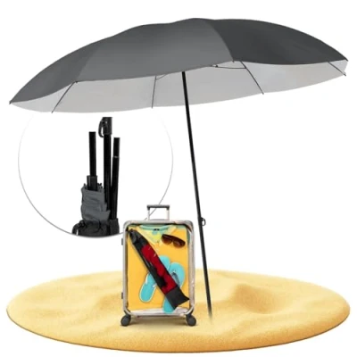Abbildung von STYNGARD Reise Sonnenschirm mit UV Schutz 50+ [155 cm ⌀] Strandschirm Strand Abspannleinen Modell NIZZA (grau)