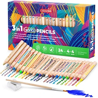 Abbildung von colozoo Gecko Wood 3 In 1 Buntstifte Kleinkinder Set 24 Dicke Malstifte inklusive Pinsel und Anspitzer Ungiftige Vegane Stifte für Kinder ab Jahren