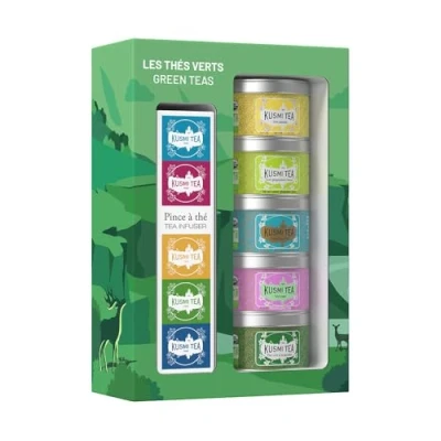 Abbildung von Kusmi Tea Geschenkset Grüner Tee bio mit Teezange für Losen Spearmint Tee, Jasmintee Green Teas 5 Dosen zu 25g Idee Geburtstagsgeschenk Frauen und Männer