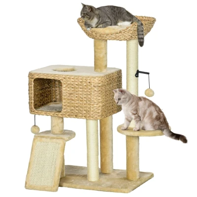 Abbildung von PawHut Kratzbaum Katzenbaum mit 2 Leigefläche Katzenmöbel Wasserhyazinthe, Sisal, Beige, 60L x 40B 98H cm