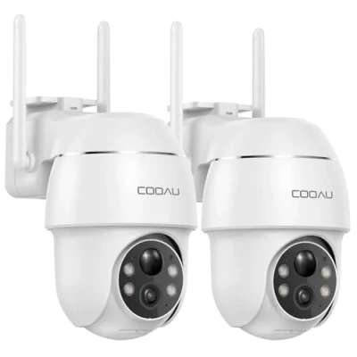 Abbildung von COOAU 2PCS Überwachungskamera Aussen Akku 2K Kabellose WLAN IP WiFi 6 PTZ Kamera Outdoor mit Bluetooth Verbindung, 4 Spotlight Farbnachtsicht, Intelligente KI Erkennung