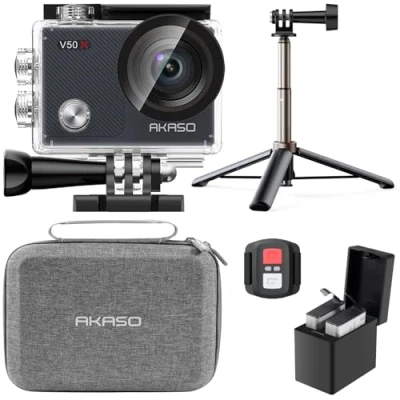 Abbildung von AKASO Action Cam 4K30FPS mit 60cm Stativ Selfie Stick und Tasche Unterwasserkamera WiFi 40M EIS Anti Shake Kamera 4X Zoom Touchscreen, Fernbedienung, Sportkamera Wasserdicht Gehäuse