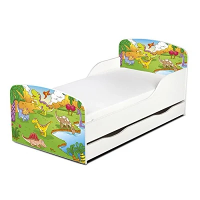 Abbildung von Leomark Einzelbett aus Holz Dinosaurier Kinderbett mit Schubladen für Bettwäsche, Holzbett Matratze + Lattenrost, Komplett Set, Liegefläche 70/140 cm, UV Druck