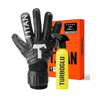 Abbildung von T1TAN Classic 1.0 Black Out + Turboglu Torwarthandschuhe und Grip Booster ohne Fingerschutz Fußballhandschuhe für Torhüter Größe 8
