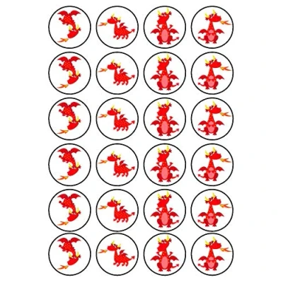 Abbildung von 24 essbare Cupcake Topper mit Drachen Motiv aufrecht stehende Scheibe aus Oblatenpapier