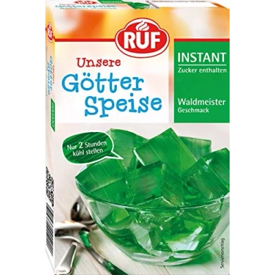 Abbildung von RUF Instant Götterspeise Waldmeister Geschmack, Wackelpudding, Götterspeisenpulver, schnelle Zubereitung, nur Wasser hinzufügen, 1er Pack, 1 x 100g