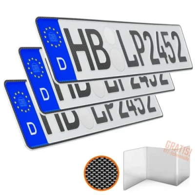 Abbildung von KFZ Kennzeichen 3 Stück 52cm x 11cm in Carbon Optik Nummernschild 520mm 110mm Wunschkennzeichen Auto DIN Autokennzeichen Fahrradträger Anhänger LKW Wunschprägung amtliches Autoschild