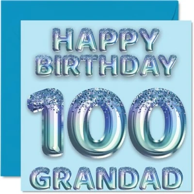 Abbildung von Stuff4 Geburtstagskarte zum 100. Geburtstag für Großvater blaue Glitzer Partyballons Happy Birthday Karten den von Enkel und Enkelin, 145 mm x
