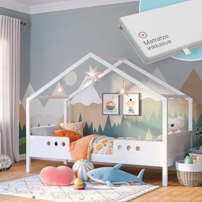 Abbildung von Bellabino Bela Hausbett 90x200 cm für Kinder mit Rausfallschutz, weißes Kinderbett, Kleinkinderbett und Jugendbett aus massivem Kiefernholz Mädchen &amp; Jungen inkl. Lattenrost Matratze