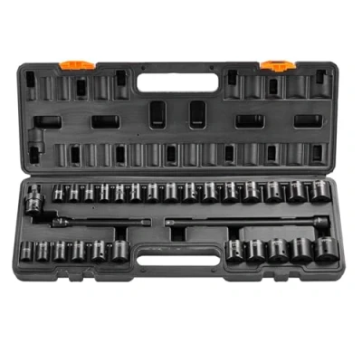 Abbildung von VEVOR 3/8 Zoll Antriebs Schlagsteckschlüsselsatz, 29 teiliger flacher Steckschlüsselsatz SAE 1 und metrisch 8 22 mm, 6 Punkt CR V Legierungsstahl für Autoreparatur, inkl. Aufbewahrungskoffer