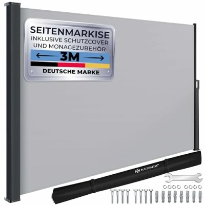Abbildung von KESSER® Seitenmarkise ausziehbar Markise 160 x 300 cm Blickdicht Sichtschutz &amp; Windschutz für Garten Balkon Terrasse, Seitenrollo mit Wandhalterung, inkl. Wettercover Montagezubehör, Grau