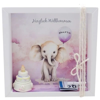 Abbildung von ZauberDeko Geschenkbox Taufe Geldgeschenk Verpackung MIT NAMEN Elefant Rosa Geburt