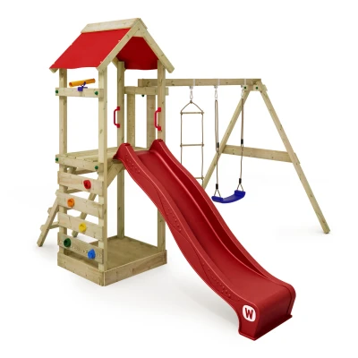 Abbildung von Spielturm Klettergerüst FreeFlyer mit Schaukel &amp; roter Rutsche WICKEY