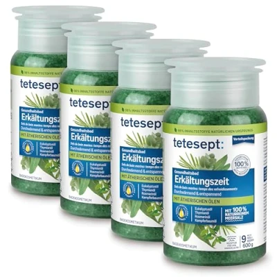 Abbildung von tetesept Meeressalz Badezusatz Erkältung Badesalz mit ätherischen Ölen zur Verbesserung des Wohlbefindens in der Erkältungszeit wohltuend für die Atemwege 4er Pack (4 x 600 g)