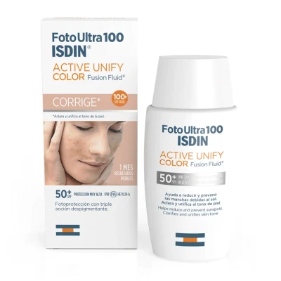 Abbildung von ISDIN FotoUltra 100 Active Unify Color SPF 50+ Sonnenschutz für das Gesicht, hellt den Hautton auf und gleicht ihn aus, 50 ml