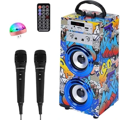 Abbildung von DYNASONIC Karaoke mit 2 Mikrofonen, tragbarer Maschine, Bluetooth Lautsprecher, USB und SD Kartenleser, Lichter, Geschenk für Kinder von 5 bis 13 Jahren (Model 16 Lights)