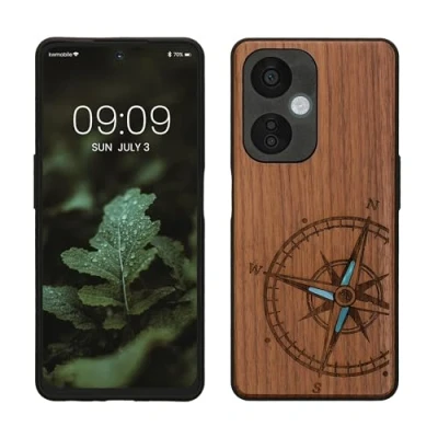 Abbildung von kwmobile Hülle kompatibel mit OnePlus Nord CE 3 Lite 5G / N30 Holz Case Handy Cover TPU Handyhülle in Dunkelbraun Vintage Kompass Perlmutt