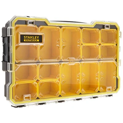 Abbildung von STANLEY FatMax Profi Organizer Sortimentskasten Sortierbox Zubehörbox (zum Verstauen und Transportieren von Kleinteilen Zubehör, transparent, kratz schlagfest, stapelbar) FMST1 75779