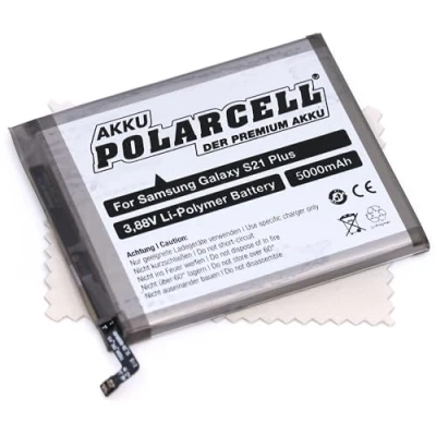 Abbildung von Ersatz Akku passend für Samsung Galaxy S21 Plus (Ersetzt Originalakku EB BG996ABY) 5000mAh Polarcell mit mungoo Displayputztuch