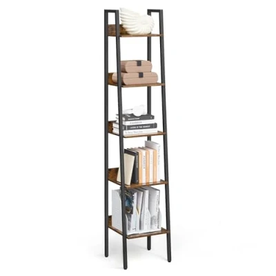 Abbildung von VASAGLE Bücherregal, Leiterregal 5 Ebenen, schmales Regal, offenes Standregal für Arbeitszimmer, Wohnzimmer, Schlafzimmer, Küche, Industrie Design, vintagebraun tintenschwarz LLS109B01