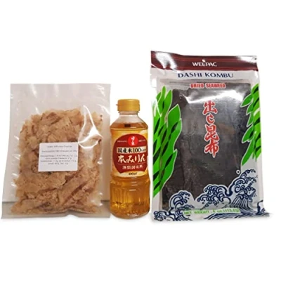 Abbildung von Hon Mirin 400ml, Dashi Kombu Dried Kelp Braunalgen 113,4g, Katsuobushi 100% Bonito Flocken 25g, Zutaten, Grundzutaten