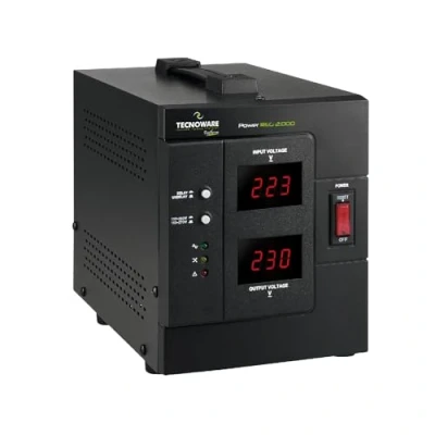 Abbildung von Tecnoware Power Systems PowerReg 2000VA , Schutz vor Spannungsschwankungen Einphasen Spannungsregler für TV, HiFi, Drucker, Kleine Geräte SCHUKO/ITALIA Ausgänge Schwarz