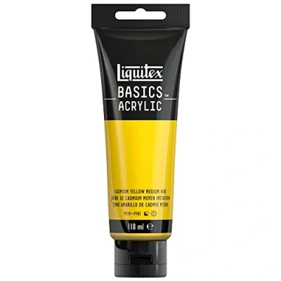 Abbildung von Liquitex 8870017 Basics Acrylfarbe, monopigmentierte Künstlerpigmente, lichtecht, mittlere Viskosität, Archivqualität, seidenglänzender Finish, 118ml Tube Kadmiumgelb Mittel Farbton