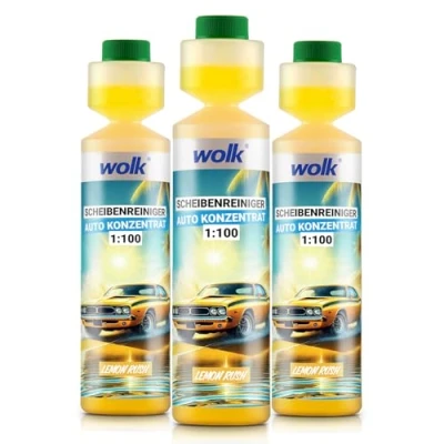 Abbildung von wolk® 3x Scheibenreiniger Auto Konzentrat 1:100 Lemon Rush Reinigungsessenz für bis zu 25 L Wischwasser, 250 ml Effektive Reinigung mit fruchtigem Duft