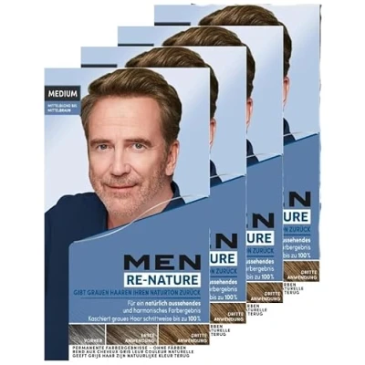 Abbildung von Men Perfect Re Nature Männer Mittelblond bis Mittelbraun (4x 145 ml), Pigmentierungs Creme, stellt ohne Haare färben die Naturhaarfarbe wieder her und kaschiert schonend graue