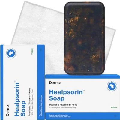 Abbildung von Healpsorin Afrikanische Schwarze Seife Roh 2er Set + Mikrofasertuch Psoriasis, Ekzeme, Behandlung von Akne