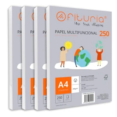Abbildung von Packung mit 1000 weißen DIN A4 Blättern, 250g Druckerpapier. Multifunktionales Kopierpapier für Schule und Büro. Ideal Laserdrucker, Tintenstrahldrucker oder Kopierer Ofituria