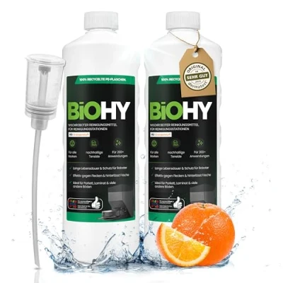 Abbildung von BiOHY Wischroboter Reinigungsmittel für Reinigungsstationen mit Orangenduft (2 x 1 liter) + Dosierer Verlängert die Lebensdauer der Absaugstation Schaumarmes Bodenreiniger Konzentrat