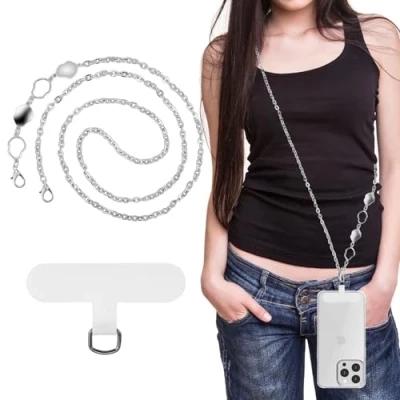 Abbildung von MoKo Metall Handykette Universal, Abnehmbar Freihändig Schlüsselband Crossbody Handyband für Reisen, Wandern, Tägliches Pendeln, Handy Lanyard iPhone &amp; meiste Smartphones, Silber