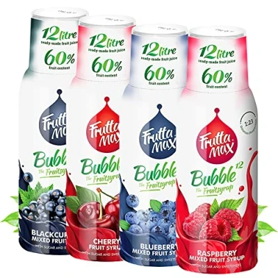 Abbildung von 4 x 500 ml FruttaMax Getränkesirup Frucht sirup Konzentrat Heidelbeere Himbeere Kirsche Johannisbeere weniger Zucker mit 50% Fruchtanteil