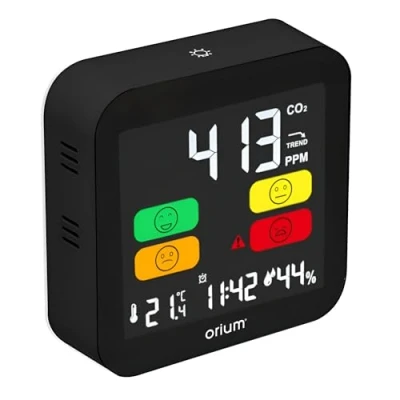 Abbildung von Co2 Melder Messgerät Luftqualitätsprüfer, Kohlenstoffdioxid Sensor Messung PPM, Anzeige mit Smiley Ampelanzeige, Raumluft Lüftungsempfehlung Alarm, Wecker, Thermometer, Luftfeuchtigkeit Hygrometer