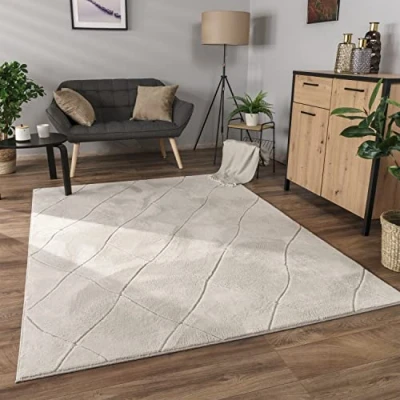 Abbildung von Paco Home Teppich Wohnzimmer Schlafzimmer Kurzflor Modernes Skandinavisches Muster Rauten Motiv Flauschig 3D Grau Anthrazit, Grösse:80x150 cm, Farbe:Creme 2