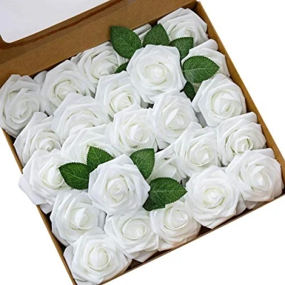 Abbildung von Künstliche Rosen Blumen Schaumrosen Foamrosen Kunstblumen Rosenköpfe Gefälschte Kunstrose Rose DIY Hochzeit Blumensträuße Braut Zuhause Dekoration (25 Stück, Weiß)