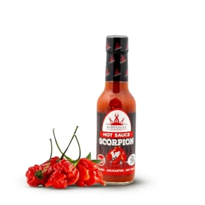 Abbildung von Poppamies Scorpion Hot Sauce von Trinidad Skorpion Chili Glutenfrei Laktosefrei Vegan Würzigkeit: 10+/10 Extra Heiß 150ml