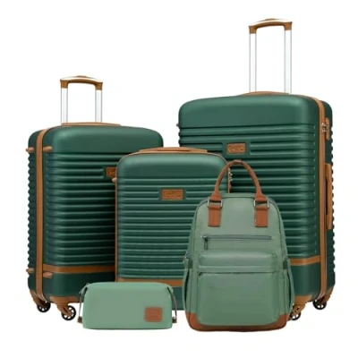 Abbildung von COOLIFE Koffer Trolley Reisekoffer von ABS Hartschalen 4 Rollen TSA Schloss Der Enthält 1 Reiserucksack und Kulturbeutel (Dunkelgrün/Braun, Set 5tlg)