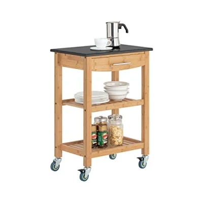 Abbildung von SoBuy FKW28 SCH Servierwagen mit Schublade und 2 Ablagen Kücheninsel Küchenwagen Küchenregal aus Bambus Granitarbeitsplatte BHT ca.: 58x85x40cm