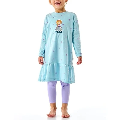 Abbildung von Schiesser Mädchen Schlafanzug Nachthemd mit Leggings lang 100% Organic Bio Baumwolle Größe 92 bis 140 Pyjamaset, Aqua_179956, 98