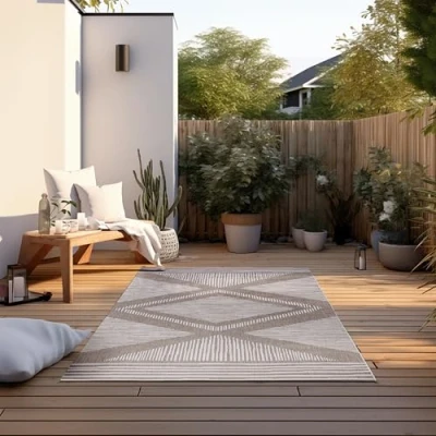 Abbildung von ELLE Decoration In und Outdoor Teppich Wendeteppich Wetterfest &amp; Wasserfest Modernes Rauten Muster Geometrisches Outdoorteppich für Garten, Balkon, Terrasse, Wohnzimmer Linen, 120x170cm
