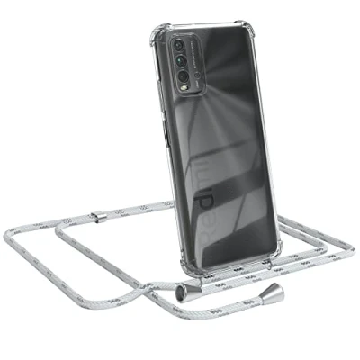 Abbildung von EAZY CASE Handykette kompatibel mit Xiaomi Redmi 9T Handyhülle Umhängeband, Handykordel Schutzhülle, Silikonhülle, Hülle Band, Stylische Kette für Smartphone, Weiß/Silber