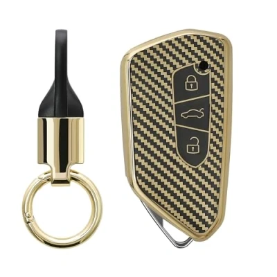 Abbildung von kwmobile Schlüsseltasche Hülle für VW Golf 8 3 Tasten Autoschlüssel (1 tlg), Schlüsselhülle mit Key Ring Anhänger Cover Gold Schwarz